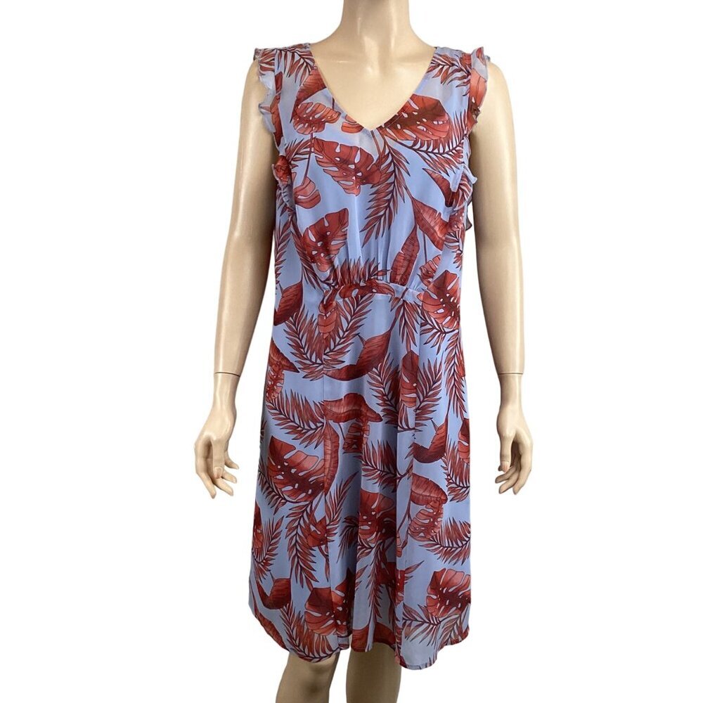 Cabi Tropical Print Dress V-Neck Sleeveless Ruffle Trim Size Small‎ Blue & Red